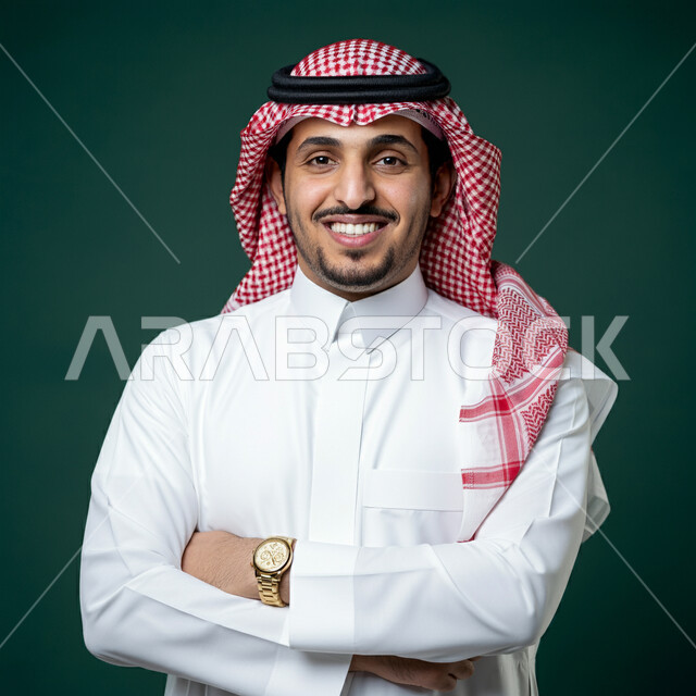 The concept of elegance and masculinity, self-confidence and interest in appearance, close-up portrait of a young Saudi Arabian Gulf man wearing traditional thobe and shemagh looking at the camera with expressions of happiness and pleasure, standing with crossed hand gestures, green background