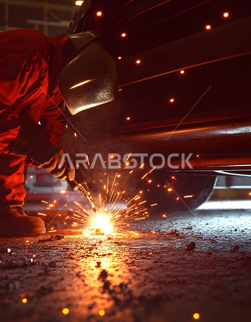 عمليات الإصلاح واللحام، عامل عربي خليجي سعودي يرتدي الزي الواقي للحماية من الشرارة المتناثرة يعمل في تصنيع السيارات والمركبات, التشغيل الآلي لخطوط الانتاج في معامل ومصانع المملكة العربية السعودية