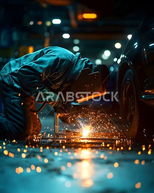عمليات الإصلاح واللحام، عامل عربي خليجي سعودي يرتدي الزي الواقي للحماية من الشرارة المتناثرة يعمل في تصنيع السيارات والمركبات, التشغيل الآلي لخطوط الانتاج في معامل ومصانع المملكة العربية السعودية