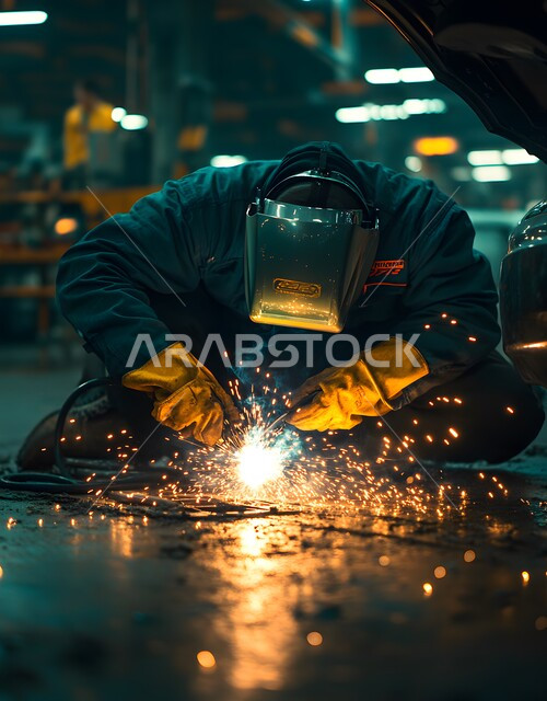 التشغيل الآلي لخطوط الانتاج في معامل ومصانع المملكة العربية السعودية، عمليات الإصلاح واللحام، عامل عربي خليجي سعودي يرتدي الزي الواقي للحماية من الشرارة المتناثرة يعمل في لحم المعادن الخام