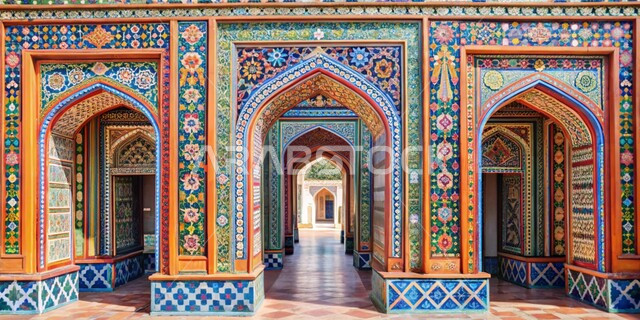 Ornate arches and gates, colorful Islamic inscriptions and decorations, traditional modern style wallpapers, religious designs and decorations for mosque entrances, architectural engineering art for mosques and heritage sites