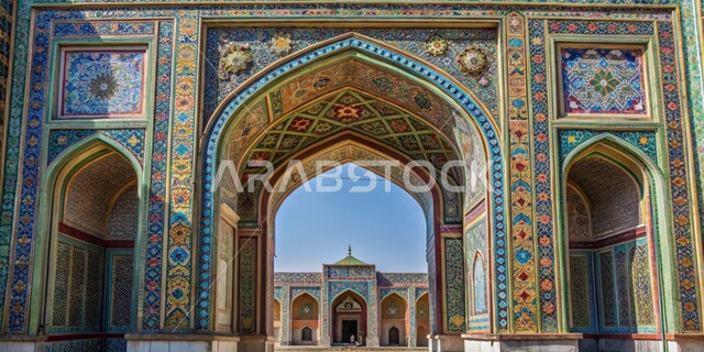 الأقواس والبوابات الأثرية المزخرفة، النقوش والزخارف الإسلامية الملونة, خلفيات جدارية على الطراز العصري التقليدي، تصاميم و ديكورات دينية لمداخل الجوامع، الفن الهندسي المعماري للمساجد والأماكن التراثية