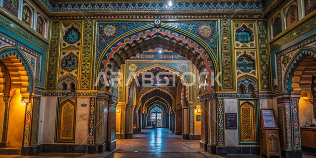 الأقواس والبوابات الأثرية المزخرفة، النقوش والزخارف الإسلامية الملونة, خلفيات جدارية على الطراز العصري التقليدي، تصاميم و ديكورات دينية لمداخل الجوامع، الفن الهندسي المعماري للمساجد والأماكن التراثية