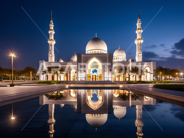 النقوش والزخارف للاعمدة والاقواس على الطراز الاسلامي, نداء المسلمين لأداء الفرائض والصلوات، إسلاميات وروحانيات وطمأنينة, الفن الهندسي المعماري لقبب ومآذن المساجد الاسلامية المضيئة ليلا, أماكن العبادة والتقرب إلى الله تعالى