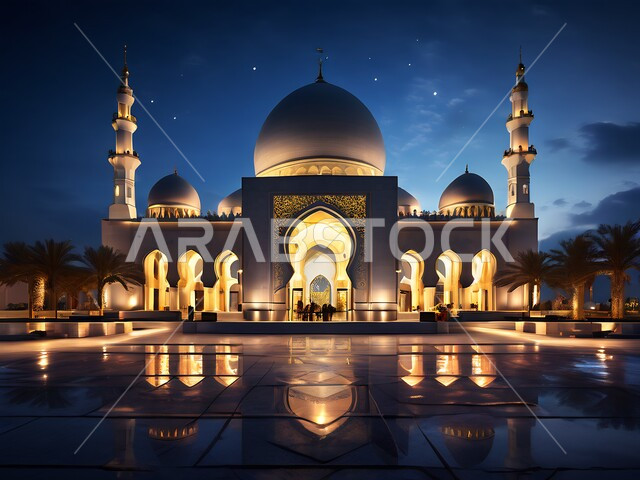 النقوش والزخارف للاعمدة والاقواس على الطراز الاسلامي, نداء المسلمين لأداء الفرائض والصلوات، إسلاميات وروحانيات وطمأنينة, الفن الهندسي المعماري لقبب ومآذن المساجد الاسلامية المضيئة ليلا, أماكن العبادة والتقرب إلى الله تعالى