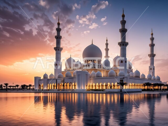 انعكاس الاعمدة والاقواس على بركة مياه, اسلاميات وروحانيات وطمأنينة, نداء المسلمين لأداء الفرائض والصلوات، الفن الهندسي المعماري لقبب ومآذن المساجد الاسلامية, أماكن العبادة والتقرب إلى الله تعالى