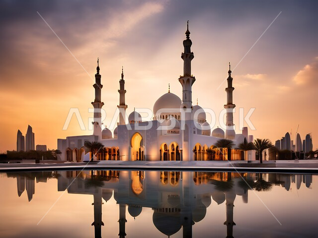 انعكاس الاعمدة والاقواس على بركة مياه, اسلاميات وروحانيات وطمأنينة, نداء المسلمين لأداء الفرائض والصلوات، الفن الهندسي المعماري لقبب ومآذن المساجد الاسلامية, أماكن العبادة والتقرب إلى الله تعالى