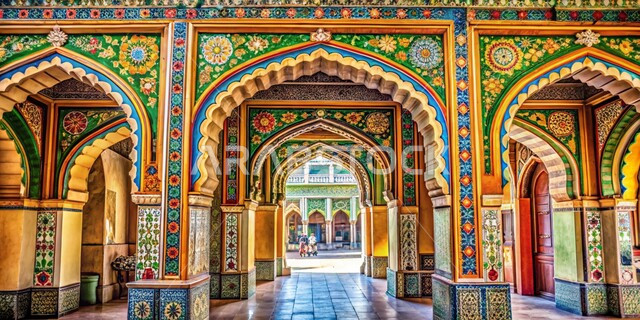 النقوش والزخارف الإسلامية الملونة, الأقواس والبوابات الأثرية المزخرفة، خلفيات جدارية على الطراز العصري التقليدي، تصاميم و ديكورات دينية لمداخل الجوامع، الفن الهندسي المعماري للمساجد والأماكن التراثية