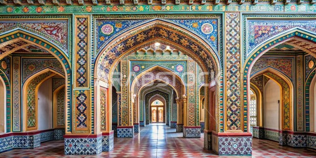 النقوش والزخارف الإسلامية الملونة, الأقواس والبوابات الأثرية المزخرفة، خلفيات جدارية على الطراز العصري التقليدي، تصاميم و ديكورات دينية لمداخل الجوامع، الفن الهندسي المعماري للمساجد والأماكن التراثية