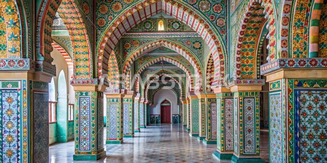 النقوش والزخارف الإسلامية الملونة, الأقواس والبوابات الأثرية المزخرفة، خلفيات جدارية على الطراز العصري التقليدي، تصاميم و ديكورات دينية لمداخل الجوامع، الفن الهندسي المعماري للمساجد والأماكن التراثية