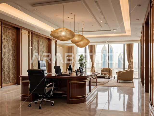 تصميم عصري حديث لمكاتب الشركات السعودية، غرف مكتبية بتصاميم داخلية وديكورات راقية مع اثاث فاخر ومريح، مكتب عمل بواجهه زجاجية كبيرة, الاكسسوارات والتحف العصرية