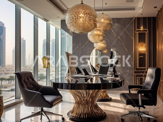 تصميم عصري حديث لمكاتب الشركات السعودية، غرف مكتبية بتصاميم داخلية وديكورات راقية مع اثاث فاخر ومريح، مكتب عمل بواجهه زجاجية كبيرة, الاكسسوارات والتحف العصرية