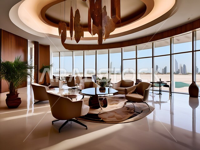 تصميم عصري حديث لمكاتب الشركات السعودية، غرف مكتبية بتصاميم داخلية وديكورات راقية مع اثاث فاخر ومريح، مكتب عمل بواجهه زجاجية كبيرة, الاكسسوارات والتحف العصرية