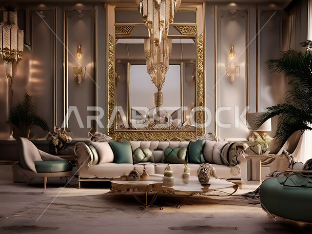 Interest in green plant decoration, modern accessories and antiques, elegant designs for the living room in a modern style, interior decorations for villas and residential apartments in the Kingdom of Saudi Arabia, living rooms and luxury home furniture