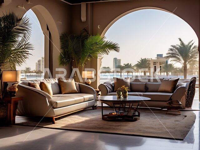 التصاميم الأنيقة لغرفة الجلوس على الطراز الحديث، الديكورات الداخلية للفلل والشقق السكنية في المملكة العربية السعودية، غرف معيشية وأثاث منزلي فاخر، الاكسسوارات والتحف العصرية, الاهتمام بزينة النباتات الخضراء