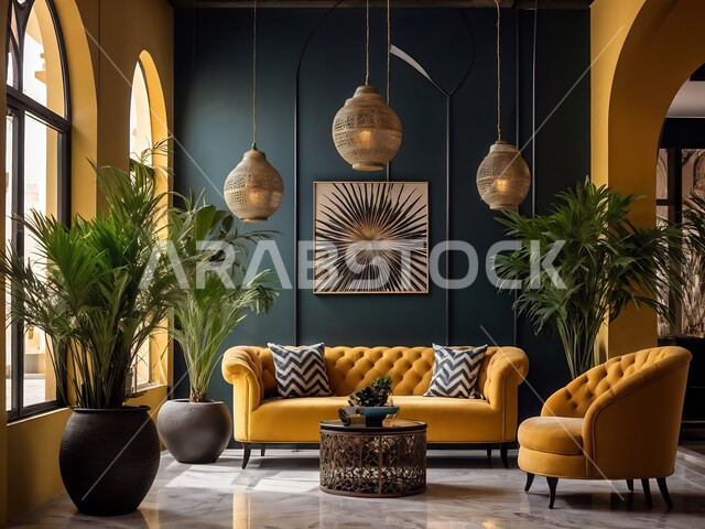 الاهتمام بزينة النباتات الخضراء, الاكسسوارات والتحف العصرية, التصاميم الأنيقة لغرفة الجلوس على الطراز الحديث، الديكورات الداخلية للفلل والشقق السكنية في المملكة العربية السعودية، غرف معيشية وأثاث منزلي فاخر