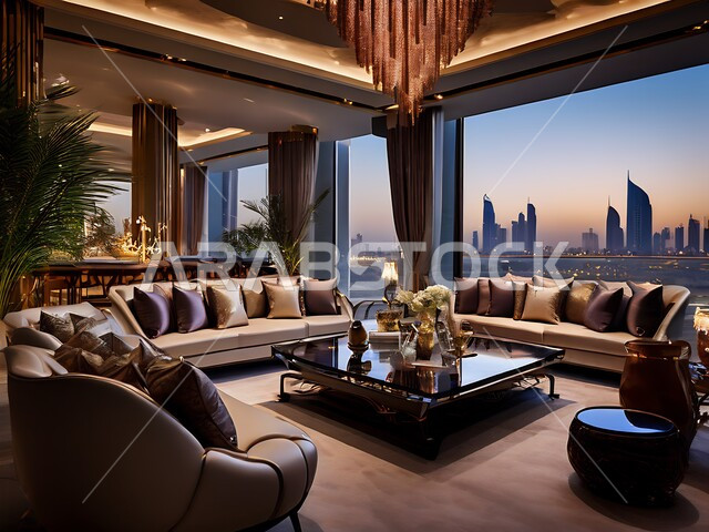 الاهتمام بزينة النباتات الخضراء, الاكسسوارات والتحف العصرية, التصاميم الأنيقة لغرفة الجلوس على الطراز الحديث، الديكورات الداخلية للفلل والشقق السكنية في المملكة العربية السعودية، غرف معيشية وأثاث منزلي فاخر