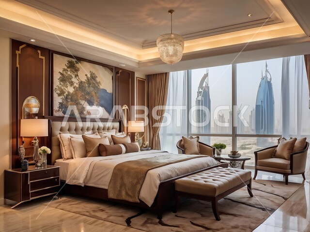 Bedroom in a residential apartment with modern designs, modern villa interiors in Saudi Arabia, modern accessories and antiques, wall hangings