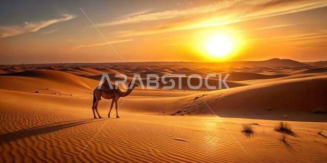  تربية الجمال والإبل، جمل يقف على الرمال الذهبية الناعمة في المناطق الصحراوية وقت الغرب في المملكة العربية السعودية، الكثبان والمرتفعات الجبلية في الصحراء، المناظر الطبيعية في الصحاري،  الاهتمام والعناية بالثدييات