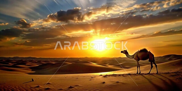  تربية الجمال والإبل، جمل يقف على الرمال الذهبية الناعمة في المناطق الصحراوية وقت الغرب في المملكة العربية السعودية، الكثبان والمرتفعات الجبلية في الصحراء، المناظر الطبيعية في الصحاري،  الاهتمام والعناية بالثدييات