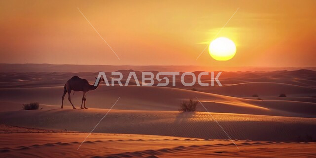 Dunes and mountain heights in the desert, camel and camel breeding, camel standing on soft golden sand in the desert areas in the west in the Kingdom of Saudi Arabia, desert landscapes, care and attention for mammals