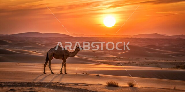 الكثبان والمرتفعات الجبلية في الصحراء، تربية الجمال والإبل، جمل يقف على الرمال الذهبية الناعمة في المناطق الصحراوية وقت الغرب في المملكة العربية السعودية، المناظر الطبيعية في الصحاري،  الاهتمام والعناية بالثدييات