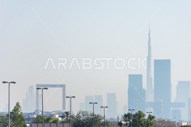 Architectural engineering art of building towers and skyscrapers in modern style, commercial and residential buildings and facilities in Dubai, famous tourist attractions in the United Arab Emirates