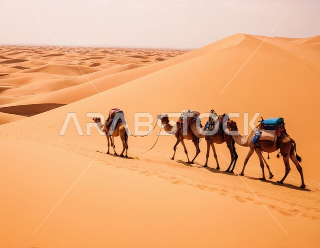 Care for livestock and mammals, formations and sand dunes, a group of camels walking on sand in the desert, camel breeding in nature reserves in the Kingdom of Saudi Arabia, sand scene in desert areas