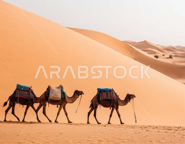 Sand formations, formations and dunes, a group of camels walking on sand in the desert, camel breeding in nature reserves in the Kingdom of Saudi Arabia, sand view in desert areas, interest in livestock and mammal care