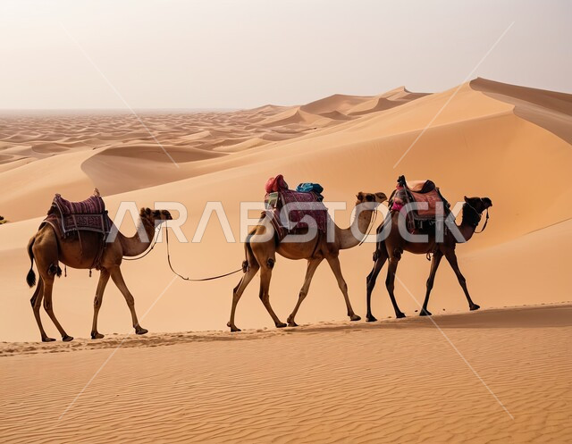 الاهتمام برعاية المواشي والثدييات, التشكيلات والتكوينات والكثبان الرملية, مجموعة من الجمال تسير على الرمل في الصحراء, تربية الابل في المحميات الطبيعية في المملكة العربية السعودية, منظر الرمال في المناطق الصحراوية