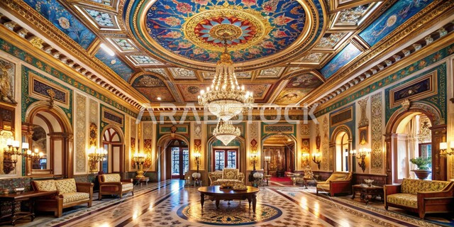 التصاميم والديكورات الداخلية لغرفة استقبال فندقي على الطراز الحديث، صورة من الداخل لثرية معلقة في سقف الصالة، تصميم مطعم عصري وآثاث راقي، ديكورات داخلية بألوان متنوعة، النوافذ الزجاجية الضخمة