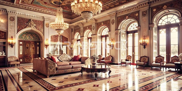 التصاميم والديكورات الداخلية لغرفة استقبال فندقي على الطراز الحديث، صورة من الداخل لثرية معلقة في سقف الصالة، تصميم مطعم عصري وآثاث راقي، ديكورات داخلية بألوان متنوعة، النوافذ الزجاجية الضخمة