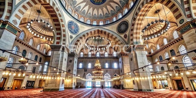 التصاميم والديكورات الداخلية المتميزة للمساجد على الطراز الحديث، صورة من الداخل لثرية معلقة في سقف المسجد، الاجواء الدينية الروحانية، أماكن ومعالم إسلامية مقدسة، النقوش والزخارف الملونة على الأعمدة والجدران والقبب