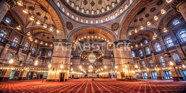 التصاميم والديكورات الداخلية المتميزة للمساجد على الطراز الحديث، صورة من الداخل لثرية معلقة في سقف المسجد، الاجواء الدينية الروحانية، أماكن ومعالم إسلامية مقدسة، النقوش والزخارف الملونة على الأعمدة والجدران والقبب