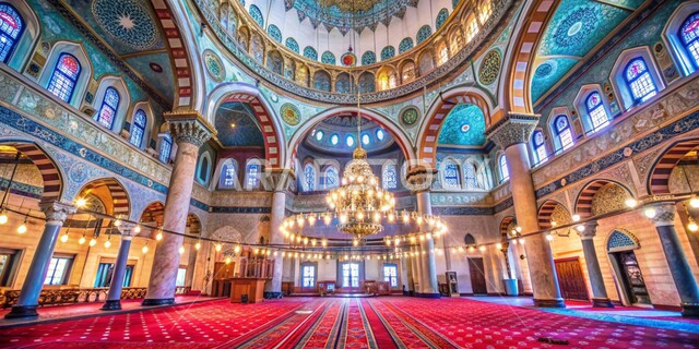 التصاميم والديكورات الداخلية المتميزة للمساجد على الطراز الحديث، صورة من الداخل لثرية معلقة في سقف المسجد، الاجواء الدينية الروحانية، أماكن ومعالم إسلامية مقدسة، النقوش والزخارف الملونة على الأعمدة والجدران والقبب