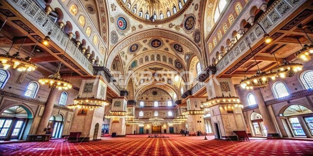 Colorful carvings and decorations on columns, walls and domes, distinctive interior designs and decorations of modern mosques, a picture from the inside of a chandelier hanging from the ceiling of the mosque, the spiritual religious atmosphere, sacred Islamic places and landmarks