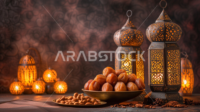 الفن الاسلامي للتحف والاكسسوارات، فانوس معدني مزخرف مضيء بجانب وعاء مليء بالتمر على طاولة خشبية، فوانيس و مصابيح اسلامية تقليدية، الأنوار والديكورات في الأجواء الرمضانية الروحانية، ضيافة شهر رمضان المبارك