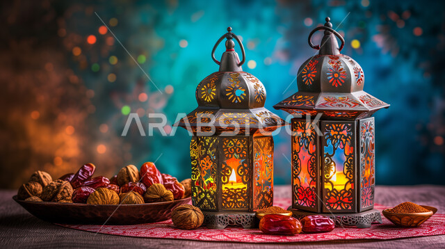 الفن الاسلامي للتحف والاكسسوارات، فانوس معدني مزخرف مضيء بجانب وعاء مليء بالتمر على طاولة خشبية، فوانيس و مصابيح اسلامية تقليدية، الأنوار والديكورات في الأجواء الرمضانية الروحانية، ضيافة شهر رمضان المبارك