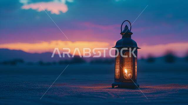 الأنوار والديكورات في الأجواء الرمضانية الروحانية، فوانيس ومصابيح اسلامية تقليدية، فانوس معدني مضيء عند وقت الغروب في الصحراء، الفن الاسلامي للتحف والاكسسوارات المزخرفة والمنقوشة، استقبال شهر رمضان المبارك، خلفية الطبيعة