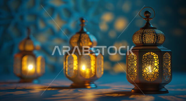عدد من الفوانيس و المصابيح الاسلامية التقليدية المضيئة، فانوس معدني مزخرف ومنقوش، الفن الاسلامي للتحف والاكسسوارات،  الأنوار والديكورات في الأجواء الرمضانية الروحانية، الاستعداد لاستقبال شهر رمضان المبارك
