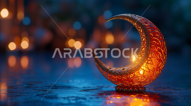 فانوس معدني مضيء على شكل هلال مزخرف ومنقوش، الفن الاسلامي للتحف والاكسسوارات، فوانيس و مصابيح اسلامية تقليدية، الأنوار والديكورات في الأجواء الرمضانية الروحانية، الاستعدا لاستقبال شهر رمضان المبارك