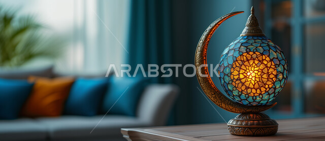 فانوس معدني مضيء على شكل هلال مزخرف ومنقوش، الفن الاسلامي للتحف والاكسسوارات، فوانيس و مصابيح اسلامية تقليدية، الأنوار والديكورات في الأجواء الرمضانية الروحانية، الاستعدا لاستقبال شهر رمضان المبارك