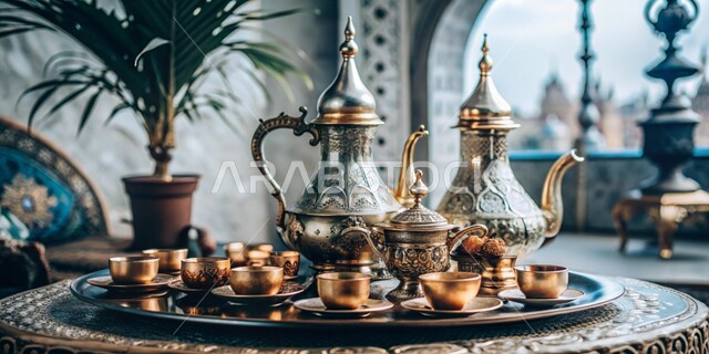 مفهوم الكرم وحسن الضيافه والاستقبال، تقديم المشروبات الساخنة بالدله النحاسية والفناجين في الجلسات الشعبية، التقاليد والعادات الأصيلة المتوارثة من الأجداد، طقم شاي ذهبي مزخرف على طاولة خشبية