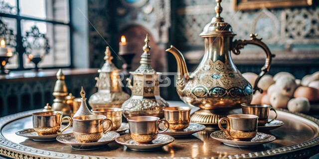 The concept of generosity, hospitality and reception, serving hot drinks in copper pots and cups in popular gatherings, authentic traditions and customs inherited from ancestors, a decorated golden tea set on a wooden table