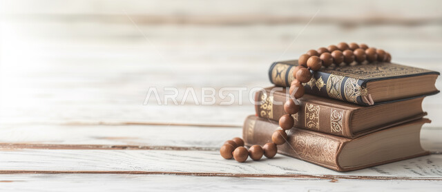 أداء الفرائض والعبادات في الدين الإسلامي، مفهوم التسبيح والتهليل، مسبحة مصنوعة من الخرز لذكر الله تعالى, التعبد والتقرب إلى الله بتلاوة المصحف الشريف, الهداية بنور القرآن الكريم, حفظ و تفسير كلام الله عز وجل, خلفية بيج