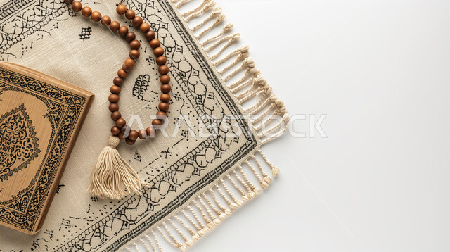 أداء الفرائض والعبادات في الدين الإسلامي، مفهوم التسبيح والتهليل، مسبحة مصنوعة من الخرز لذكر الله تعالى, التعبد والتقرب إلى الله بتلاوة المصحف الشريف, الهداية بنور القرآن الكريم, حفظ و تفسير كلام الله عز وجل, خلفية بيضاء