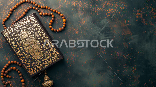 مفهوم التسبيح والتهليل، أداء الفرائض والعبادات في الدين الإسلامي، مسبحة مصنوعة من الخرز لذكر الله تعالى, التعبد والتقرب إلى الله بتلاوة المصحف الشريف, الهداية بنور القرآن الكريم, حفظ و تفسير كلام الله عز وجل, خلفية رمادية