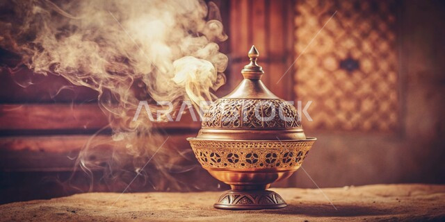 أصالة العادات والتقاليد في المملكة العربية السعودية، خشب العود الفاخر والفحم، مبخرة تقليدية مزخرفة في مكان تراثي ,منتج محلي وطني سعودي, التعطر والتطيب باطيب الروائح والعطور، منظر الدخان المنتشر من البخور