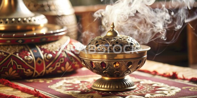  خشب العود الفاخر والفحم، مبخرة تقليدية مزخرفة في مكان تراثي ,منتج محلي وطني سعودي, التعطر والتطيب باطيب الروائح والعطور، أصالة العادات والتقاليد في المملكة العربية السعودية، منظر الدخان المنتشر من البخور