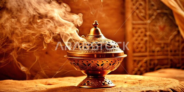 مبخرة تقليدية مزخرفة في مكان تراثي ,منتج محلي وطني سعودي, التعطر والتطيب باطيب الروائح والعطور، أصالة العادات والتقاليد في المملكة العربية السعودية، خشب العود الفاخر والفحم، منظر الدخان المنتشر من البخور